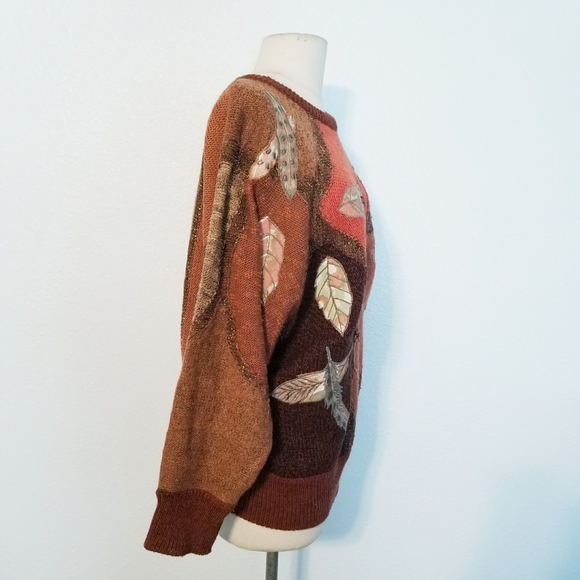 Vintage 80's retro hippie boho bird leaf sweater L - Picture 2 of 7